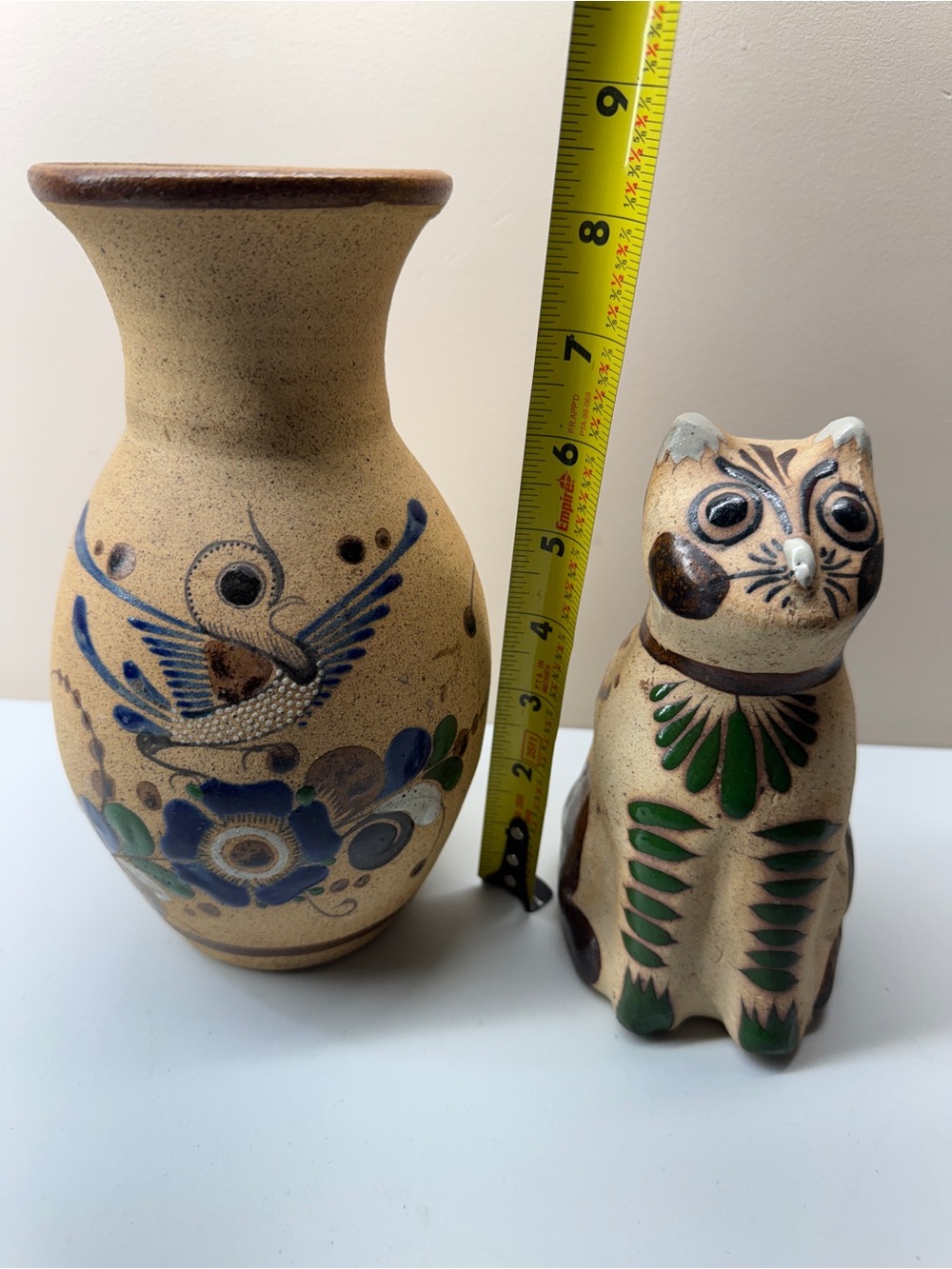 Tonala Mexico Folk Art Cat Pottery Figurine & Vase